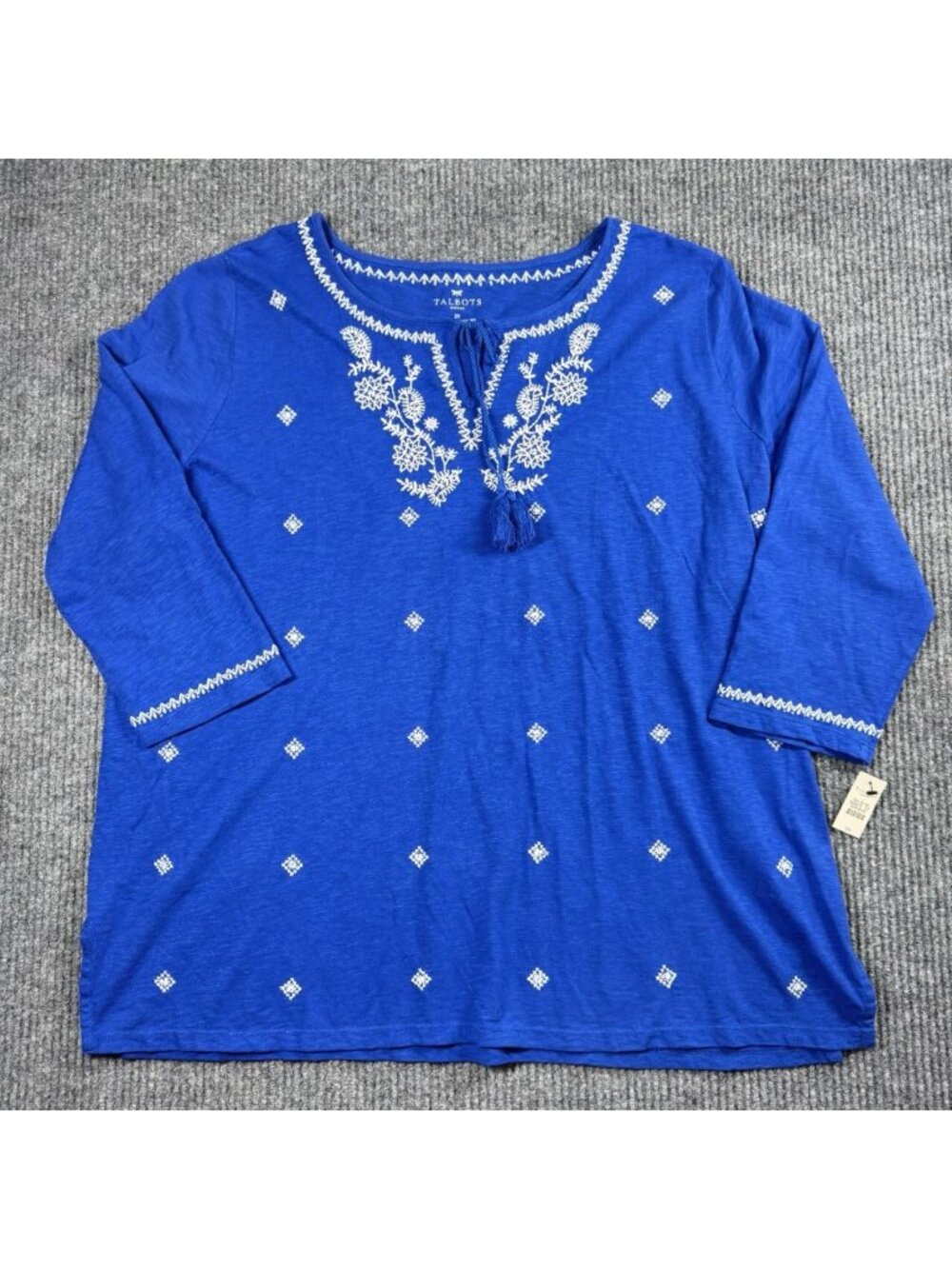 Talbots Peasant Top Womens 2X Blue Embroidered Tassel Split Neck 3/4 Sleeve NEW